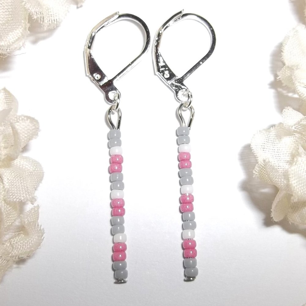Linear Seed Bead Earrings Minimalist Sleek Grey Mauve Pink White Set Beaded A721